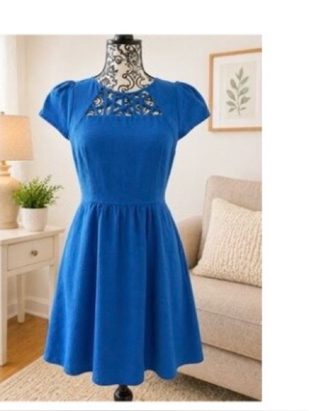 Maeve Anthropologie Lattice Neck Dress Royal Blue Size 6.